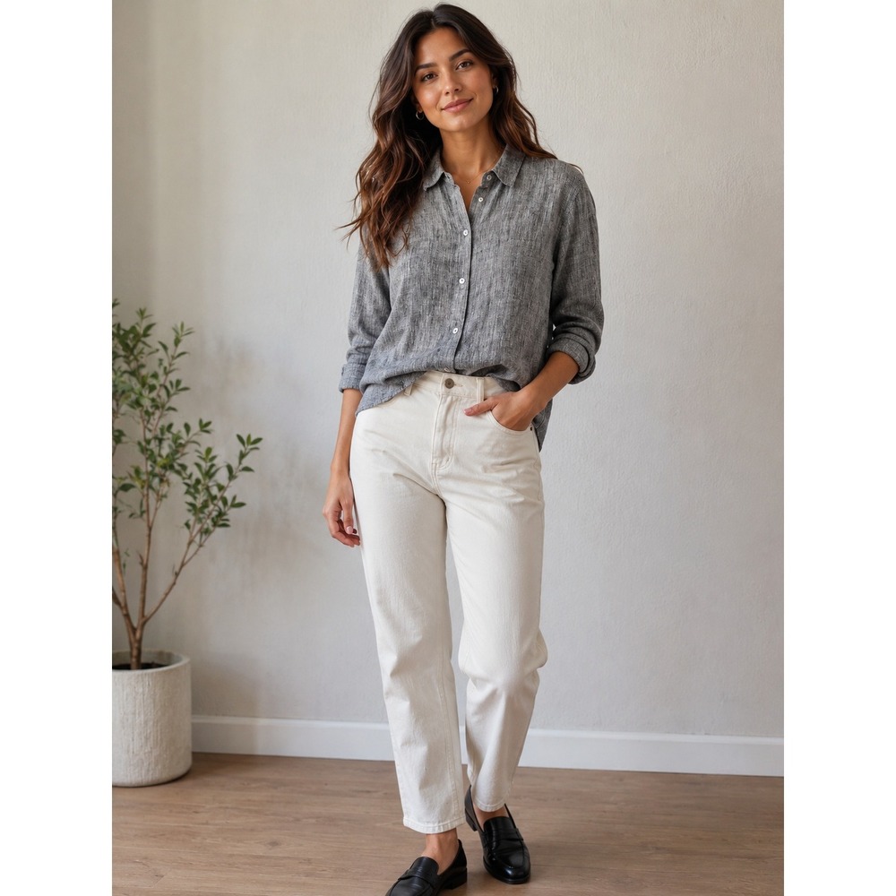J. Jill Love Linen Button Down Shirt Women XL Grey Long Sleeve Breathable Luxe